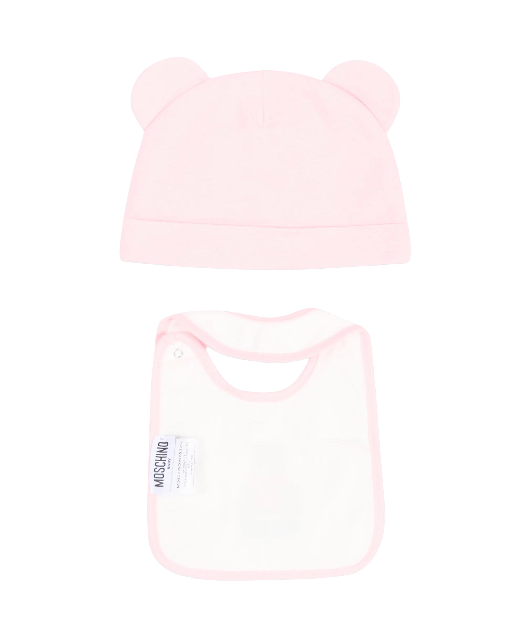 Moschino Kids Set Rosa con Cappellino a Orecchie e Bavaglino con Stampa Teddy Bear e Logo per Neonate