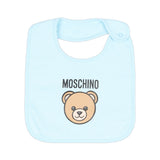 Moschino Kids Set Nascita Celeste con Tutina, Cappellino e Bavaglino con Stampa Teddy Bear e Logo per Neonati