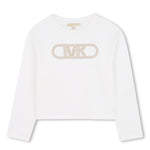 Michael Kors T-Shirt Bianca Maniche Lunghe con Logo Strass a Contrasto per Bambine