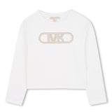 Michael Kors T-Shirt Bianca Maniche Lunghe con Logo Strass a Contrasto per Bambine
