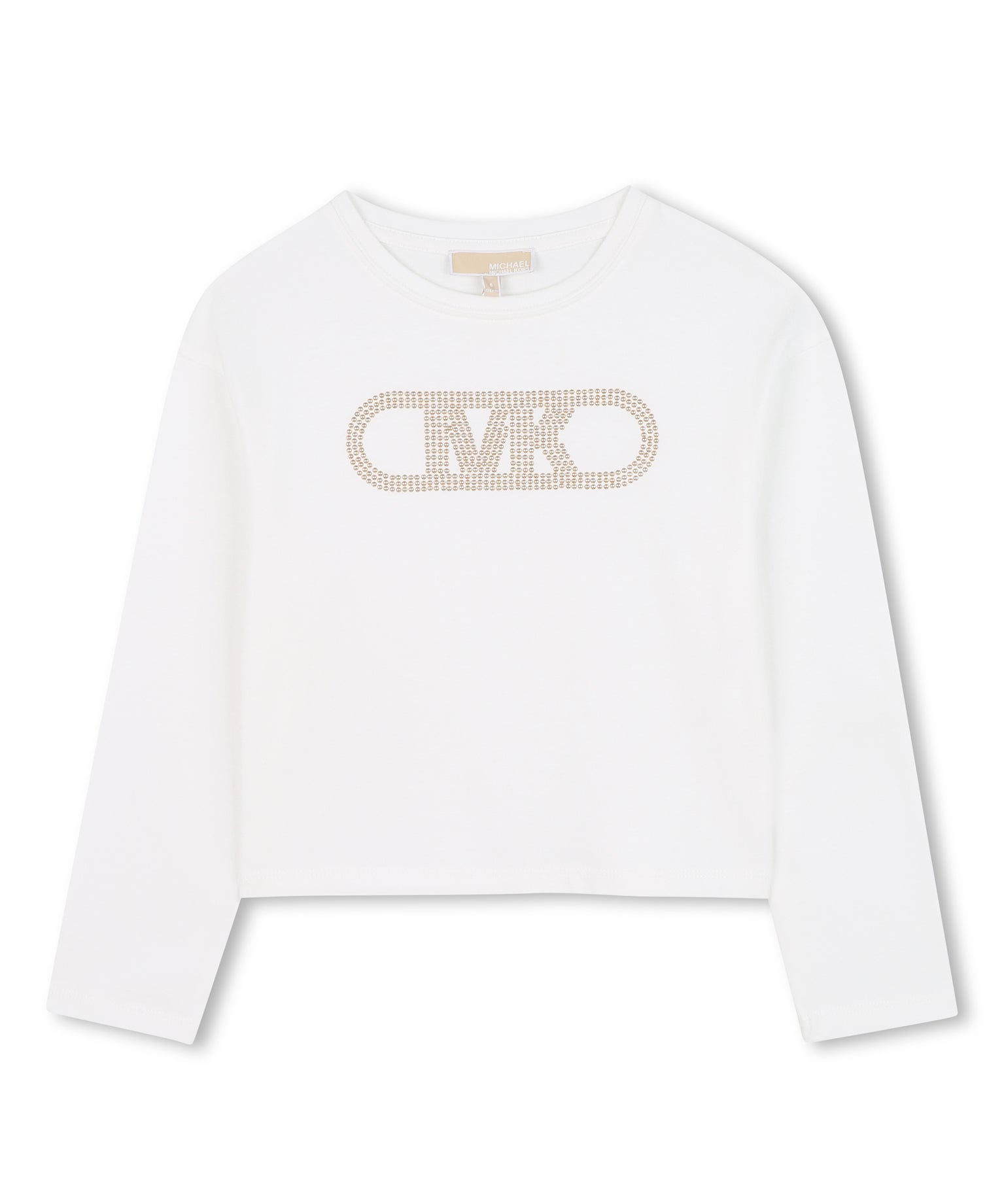 Michael Kors T-Shirt Bianca Maniche Lunghe con Logo Strass a Contrasto per Bambine