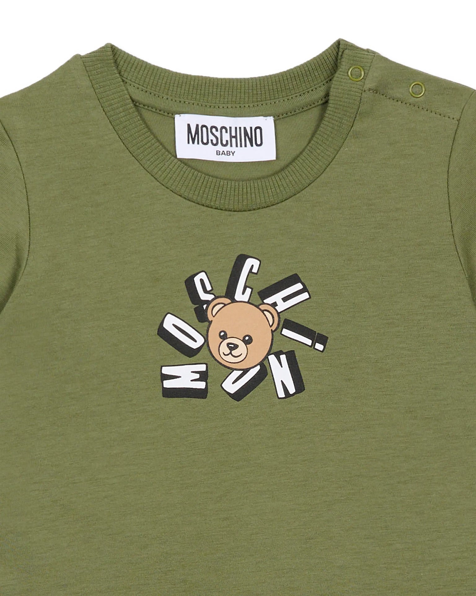 Moschino Kids T-Shirt Verde con Logo Teddy Bear per Neonati