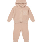 Elisabetta Franchi Kids Completo Rosa Cipria in Maglia a Coste con Cardigan Cappuccio e Pantaloni e Logo per Neonate