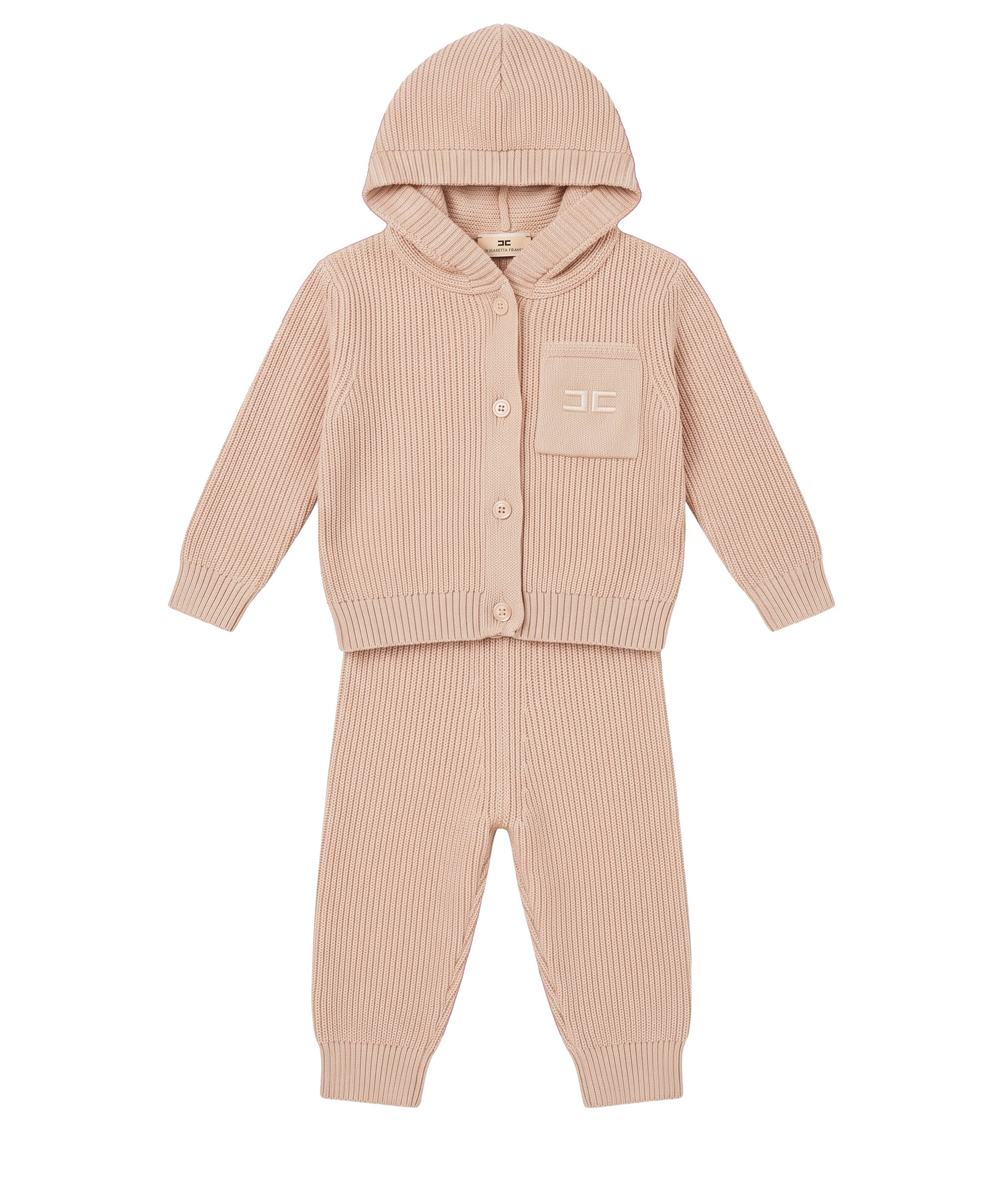 Elisabetta Franchi Kids Completo Rosa Cipria in Maglia a Coste con Cardigan Cappuccio e Pantaloni e Logo per Neonate