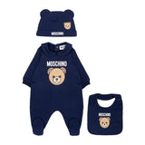 Moschino Kids Set Nascita Blu Navy con Tutina, Cappellino e Bavaglino con Stampa Teddy Bear e Logo per Neonati
