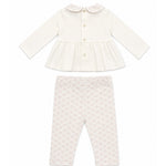 Elisabetta Franchi La Mia Bambina Completo Avorio e Rosa con Blusa Peplum, Colletto alla Peter Pan Logo Monogram, Fibbie Ricamate e Leggings Stampa Logo All-Over per Neonate