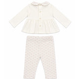 Elisabetta Franchi La Mia Bambina Completo Avorio e Rosa con Blusa Peplum, Colletto alla Peter Pan Logo Monogram, Fibbie Ricamate e Leggings Stampa Logo All-Over per Neonate