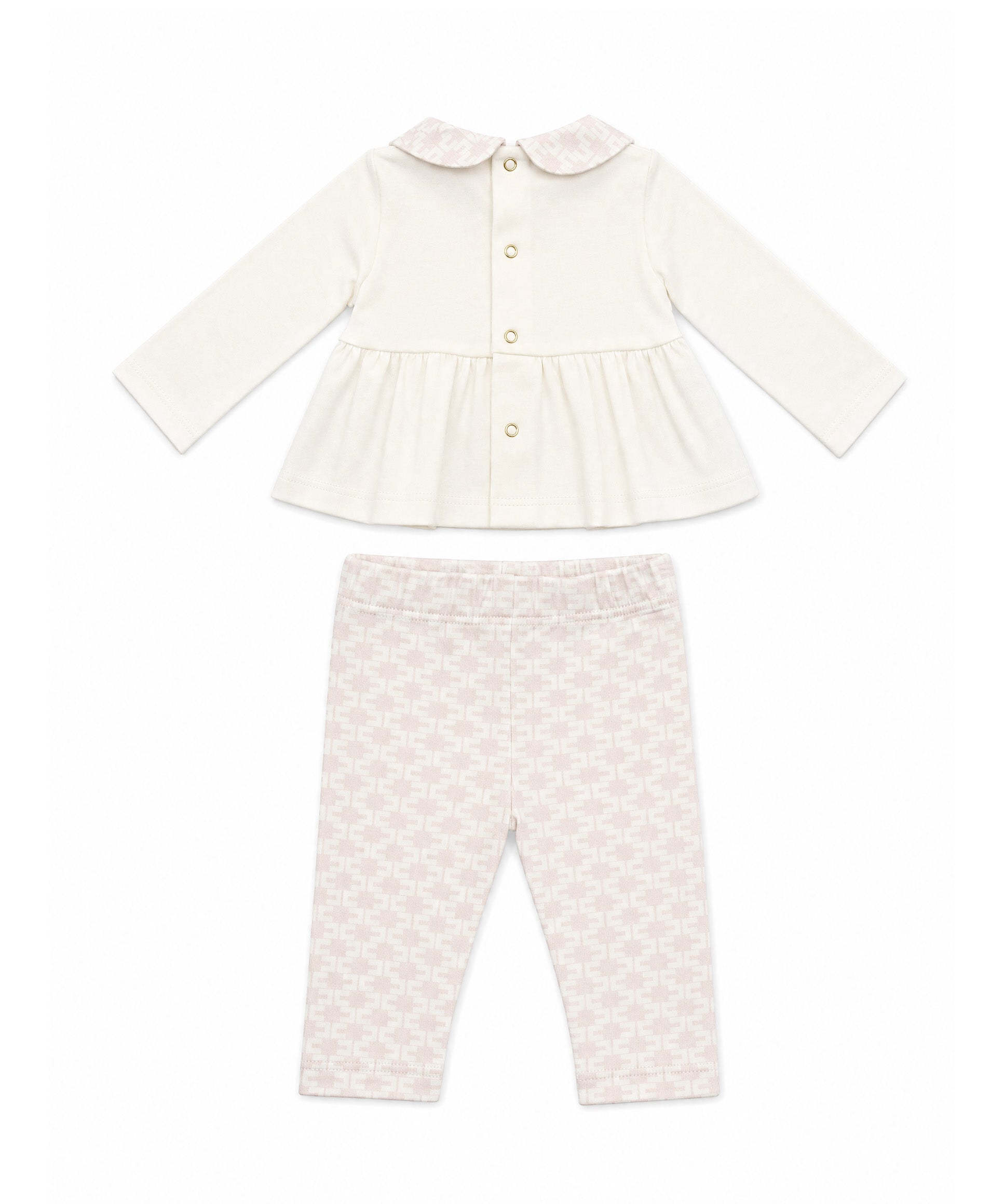 Elisabetta Franchi La Mia Bambina Completo Avorio e Rosa con Blusa Peplum, Colletto alla Peter Pan Logo Monogram, Fibbie Ricamate e Leggings Stampa Logo All-Over per Neonate