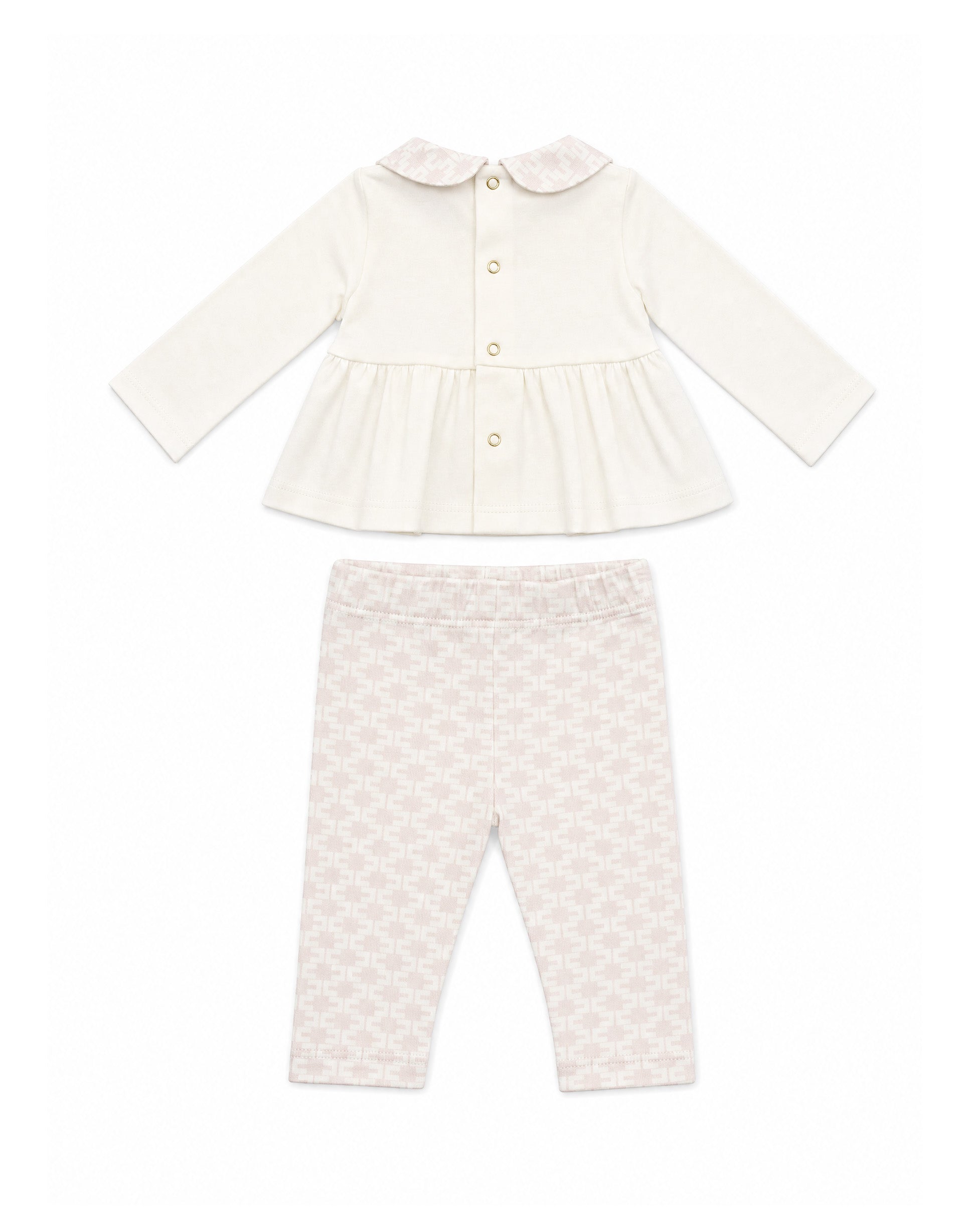 Elisabetta Franchi La Mia Bambina Completo Avorio e Rosa con Blusa Peplum, Colletto alla Peter Pan Logo Monogram, Fibbie Ricamate e Leggings Stampa Logo All-Over per Neonate