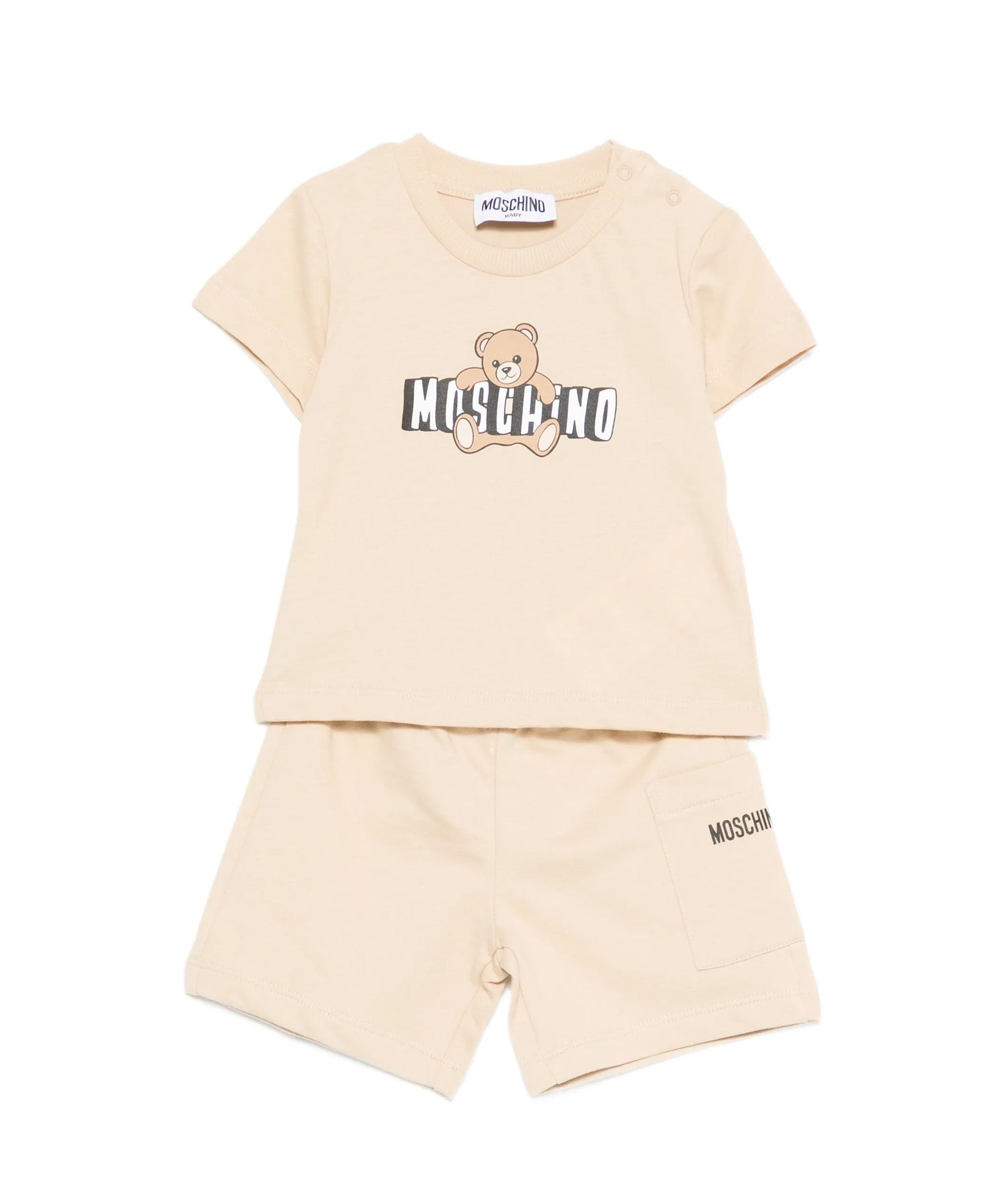 Moschino Kids T-Shirt+Short Beige con Logo Teddy Bear per Neonati