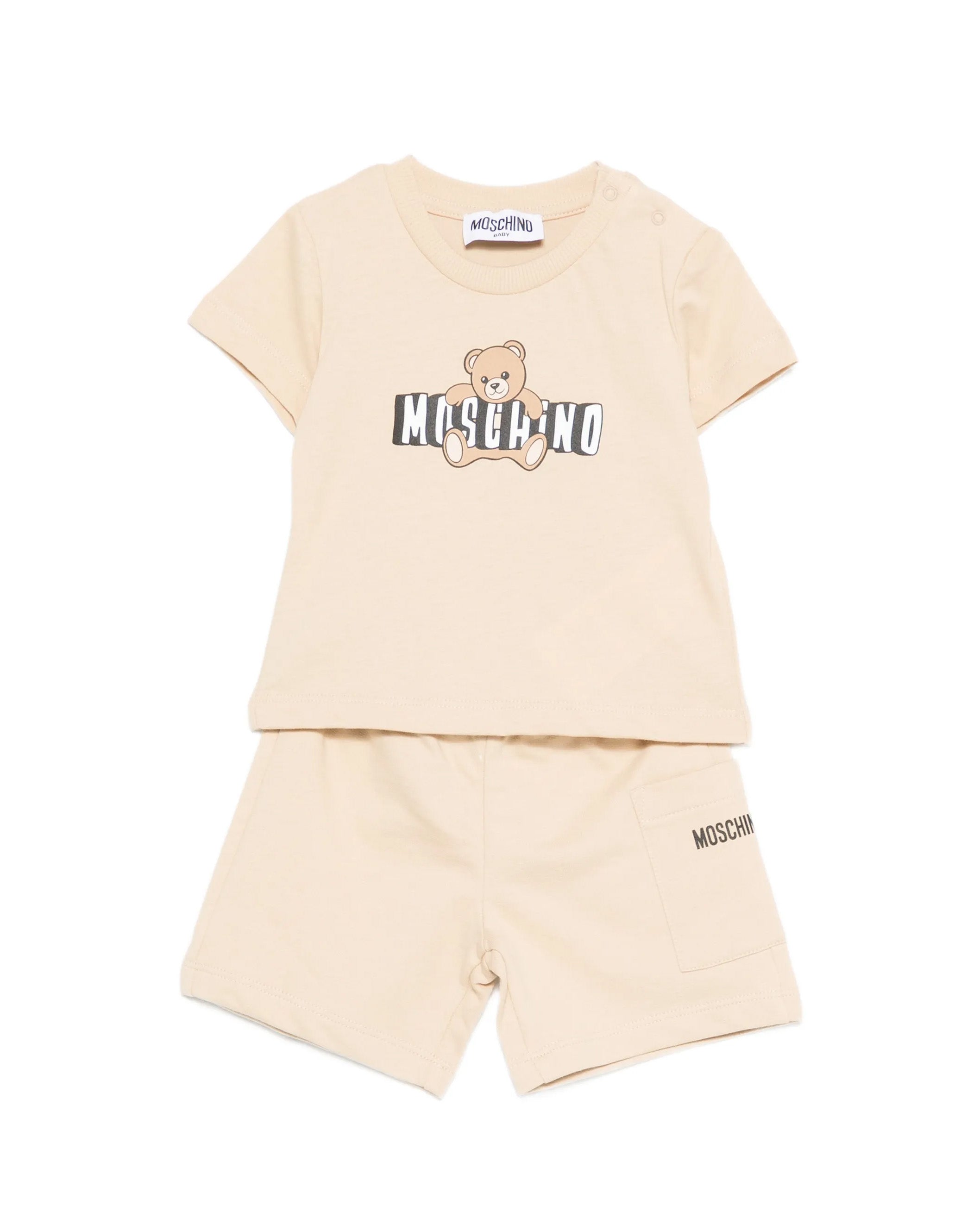 Moschino Kids T-Shirt+Short Beige con Logo Teddy Bear per Neonati
