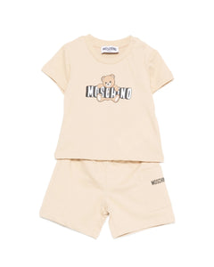 Moschino Kids T-Shirt+Short Beige con Logo Teddy Bear per Neonati