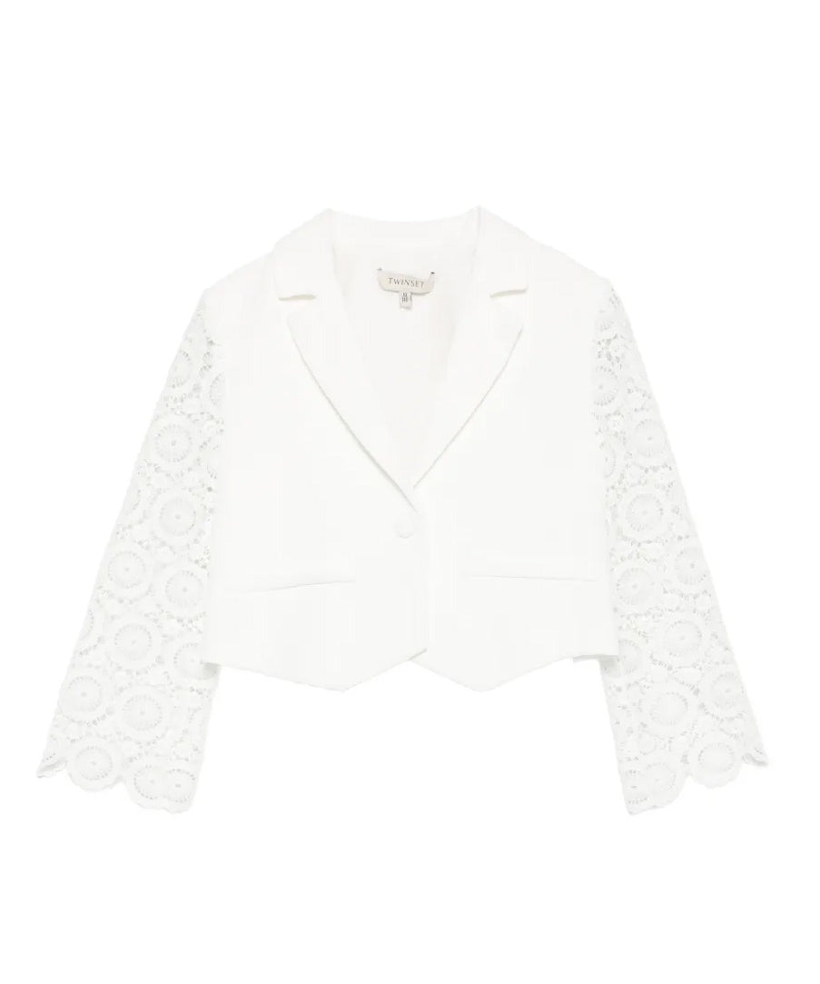 Twinset Kids Giacca Off-White con Maniche in Pizzo per Bambine