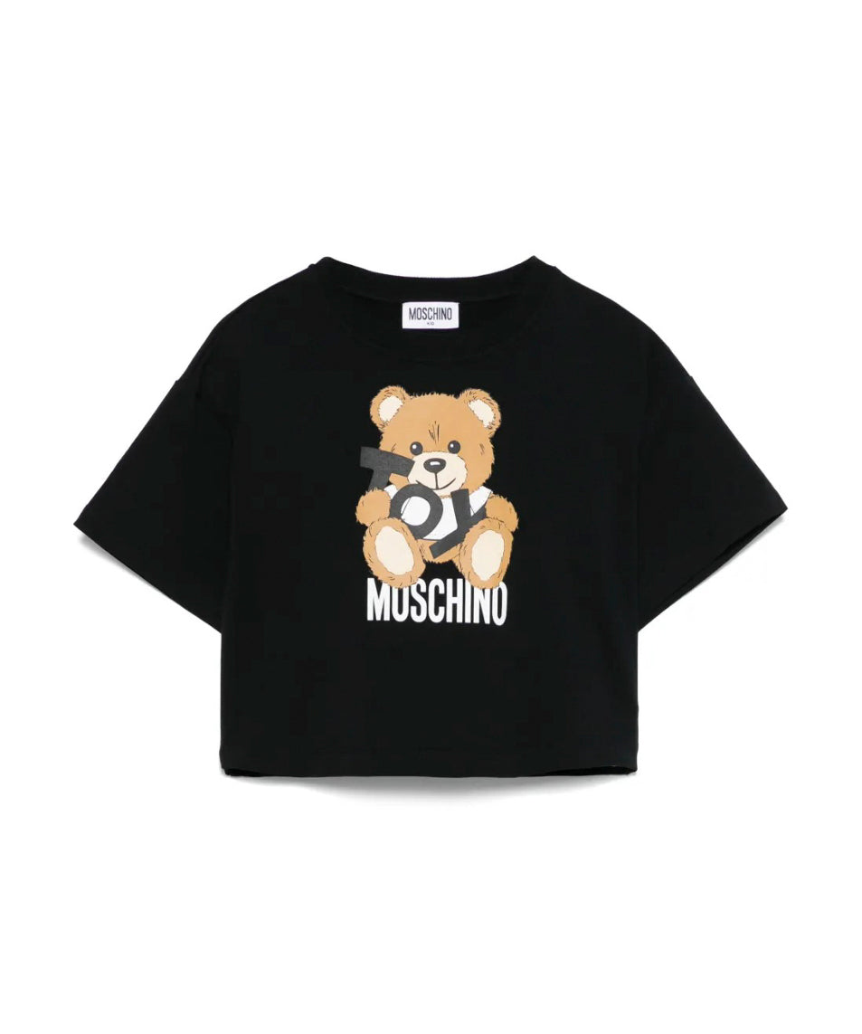 Moschino Kids T-shirt Crop Nera con Stampa Toy per Bambine