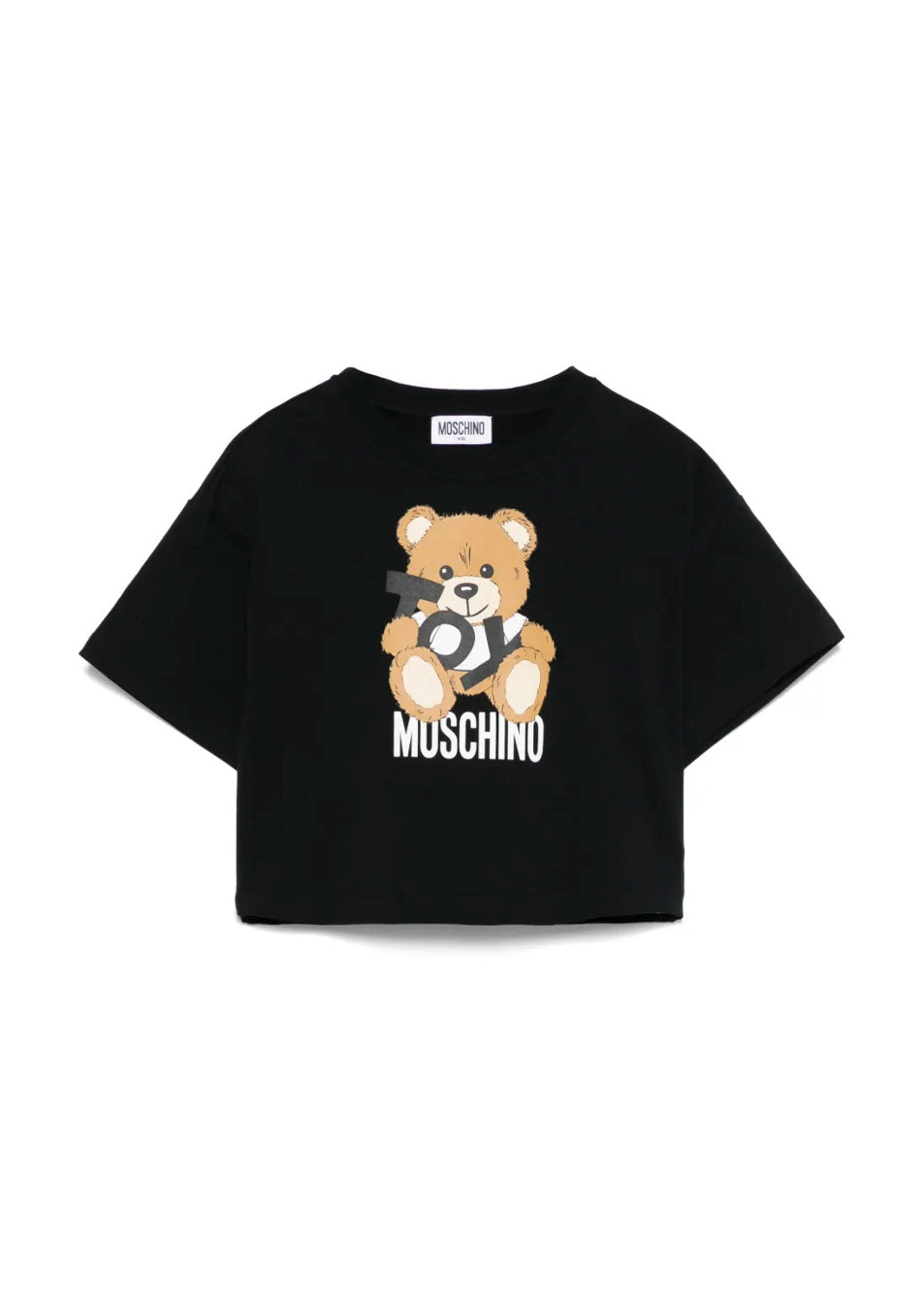 Moschino Kids T-shirt Crop Nera con Stampa Toy per Bambine