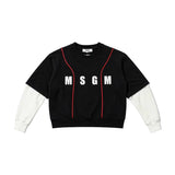 MSGM Kids Felpa Doppia Manica Nero con Logo e Linee Rosso per Bambini