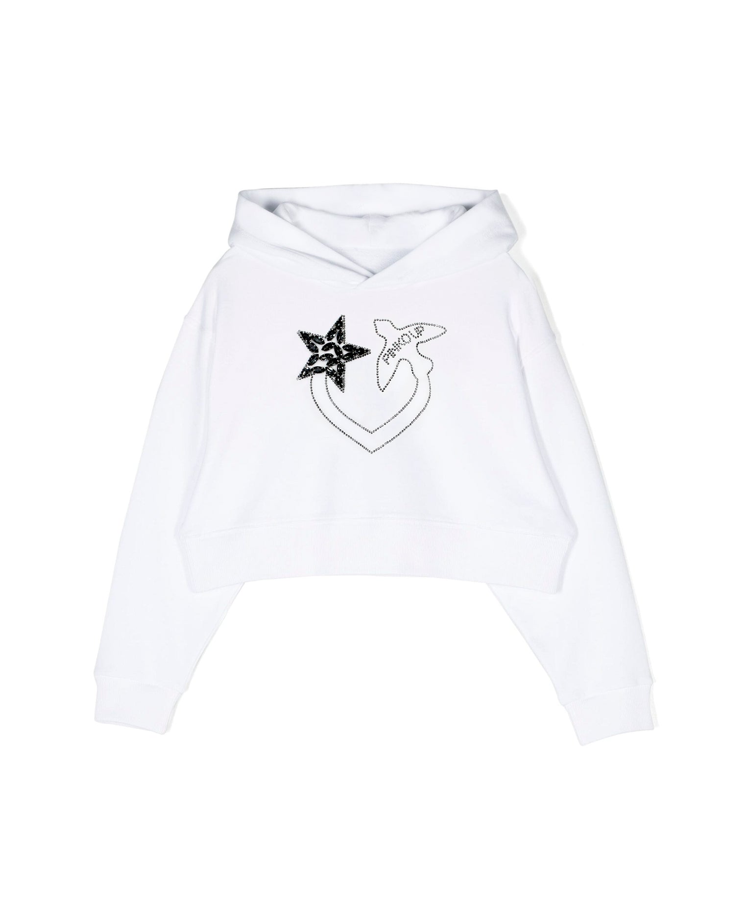 Pinko Kids Felpa Bianca Crop con Cappuccio con Strass per Bambine