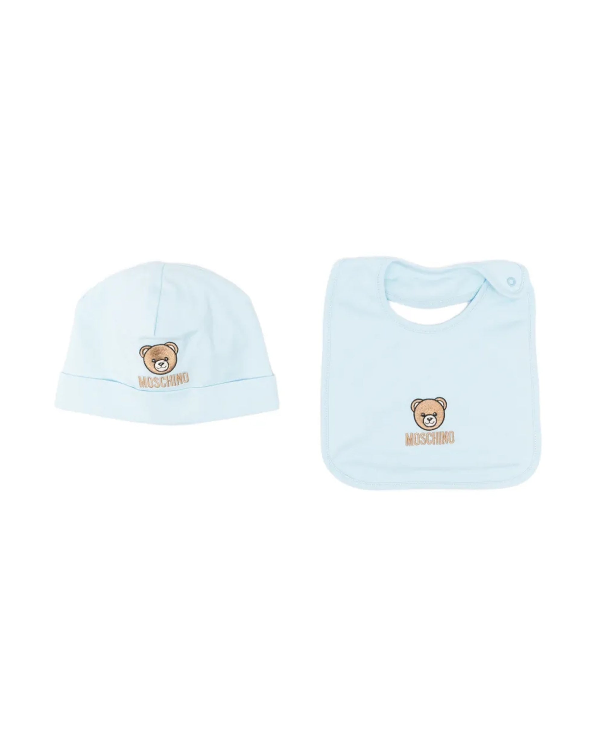 Moschino Kids Set Bavetta+Cappellino Celeste per Neonati
