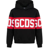 GCDS Kids Black Hoodie with Logo Red Stripe