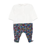 Moschino Kids Tutina Bianca/Blu Navy con Logo All Over per Neonati