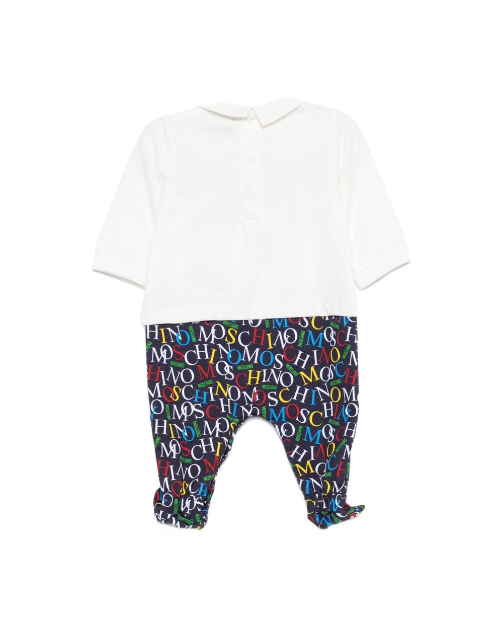 Moschino Kids Tutina Bianca/Blu Navy con Logo All Over per Neonati