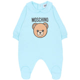 Moschino Kids Tutina Celeste con Stampa Logo per Neonati