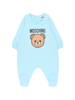 Moschino Kids Tutina Celeste con Stampa Logo per Neonati