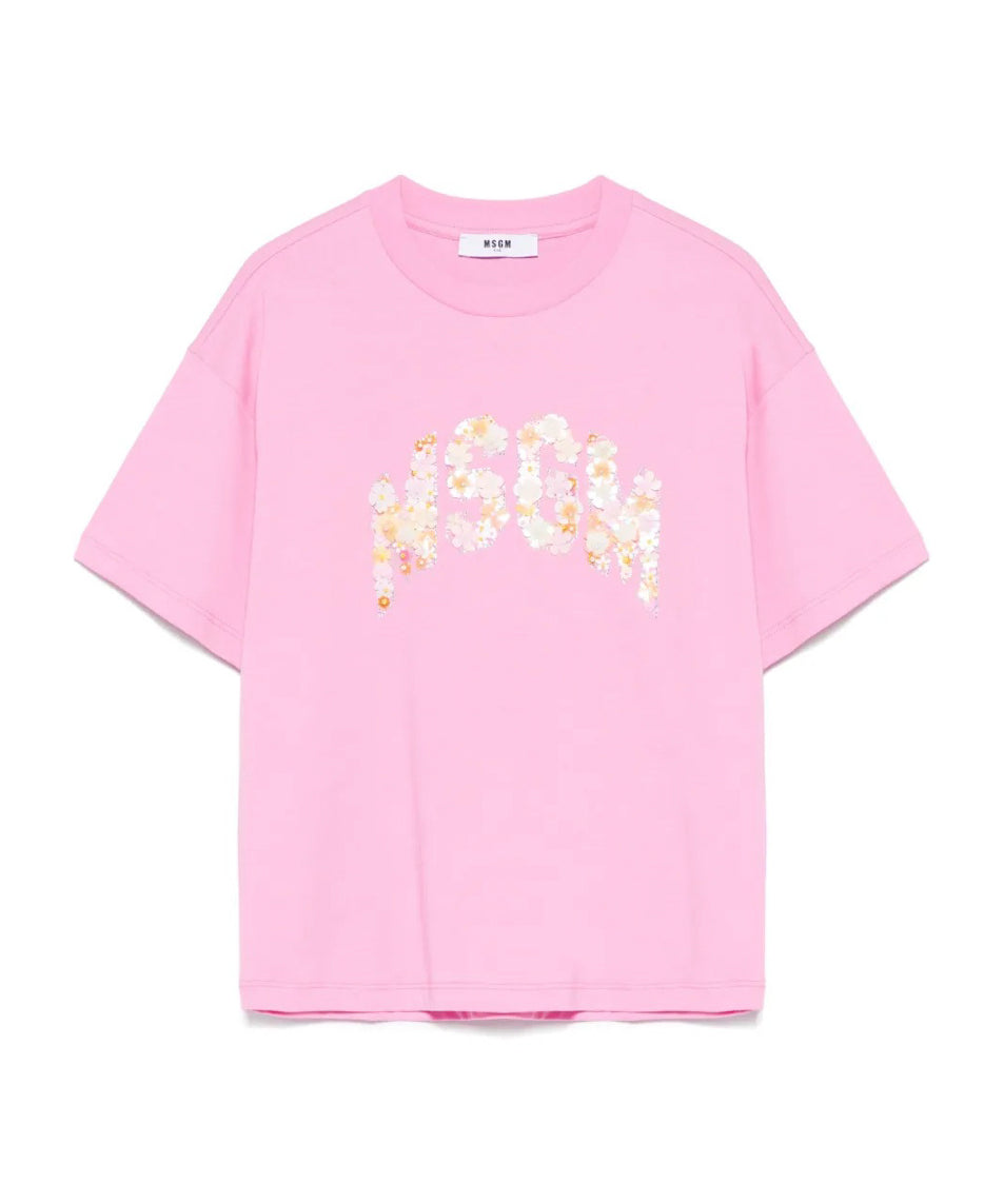 MSGM Kids T-shirt Rosa con Applicazione Fiori per Bambine fronmte