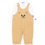 Moschino Kids Completo Beige con Salopette in Velluto a Coste Teddy Bear e Camicia Bianca per Neonati