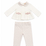 Elisabetta Franchi La Mia Bambina Completo Avorio e Rosa con Blusa Peplum, Colletto alla Peter Pan Logo Monogram, Fibbie Ricamate e Leggings Stampa Logo All-Over per Neonate