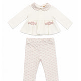 Elisabetta Franchi La Mia Bambina Completo Avorio e Rosa con Blusa Peplum, Colletto alla Peter Pan Logo Monogram, Fibbie Ricamate e Leggings Stampa Logo All-Over per Neonate