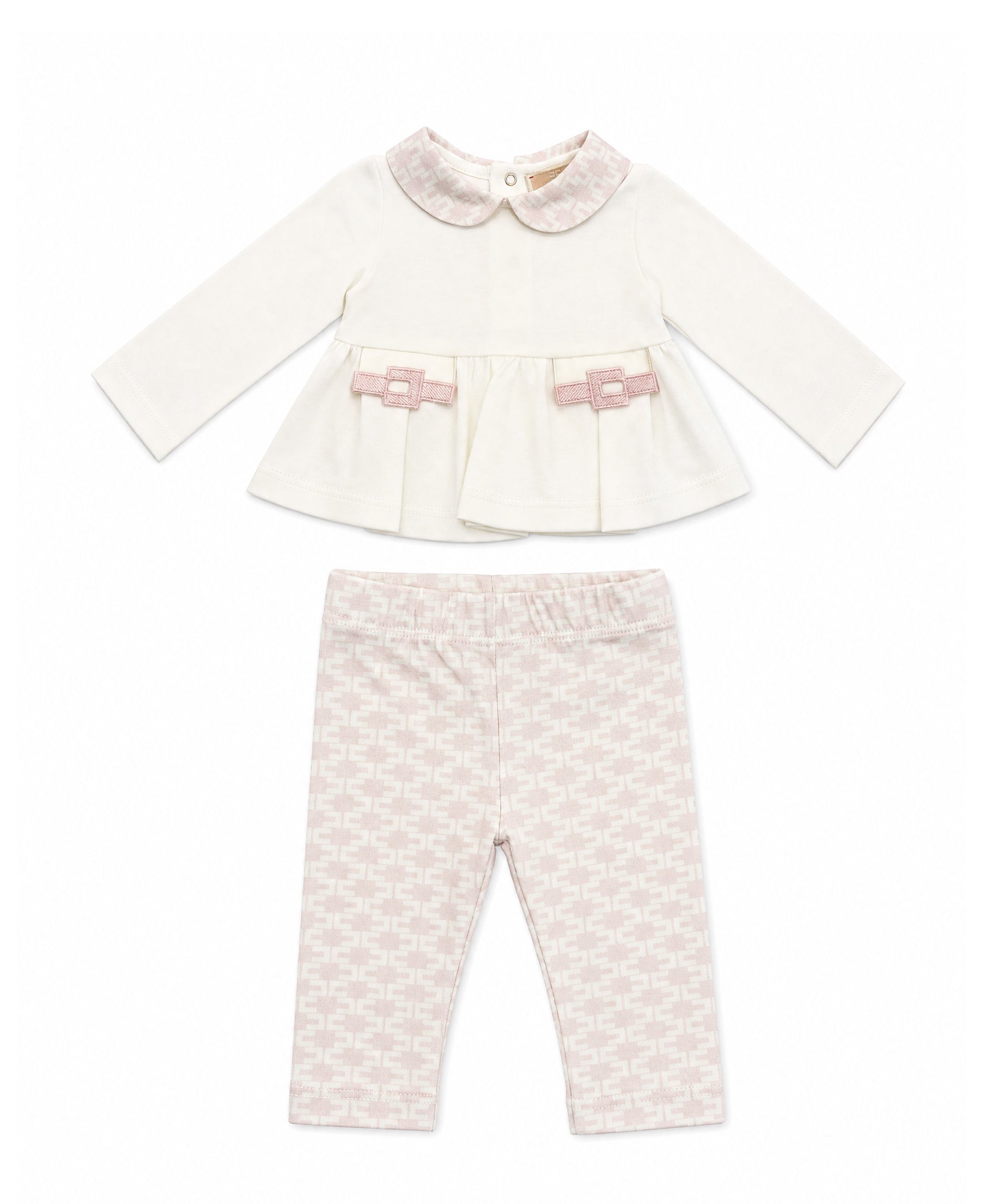 Elisabetta Franchi La Mia Bambina Completo Avorio e Rosa con Blusa Peplum, Colletto alla Peter Pan Logo Monogram, Fibbie Ricamate e Leggings Stampa Logo All-Over per Neonate