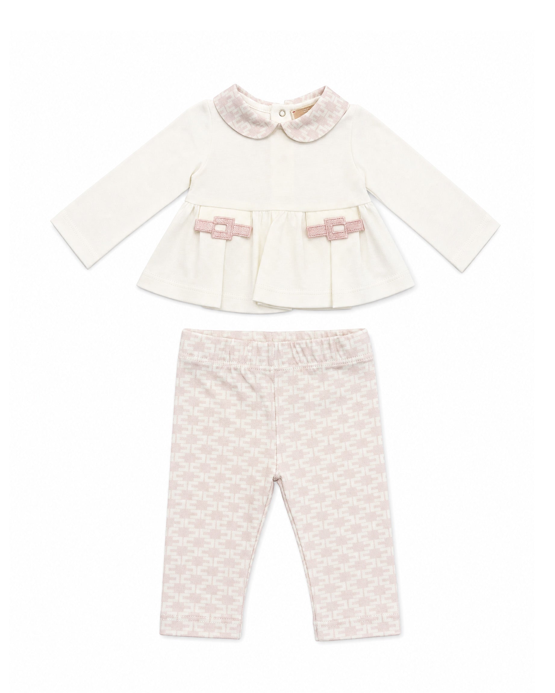 Elisabetta Franchi La Mia Bambina Completo Avorio e Rosa con Blusa Peplum, Colletto alla Peter Pan Logo Monogram, Fibbie Ricamate e Leggings Stampa Logo All-Over per Neonate