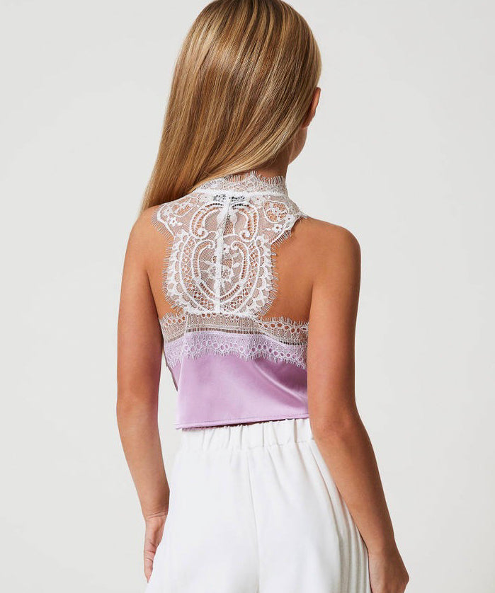 Twinset Kids Top Bianco/Viola con Pizzo per Bambine