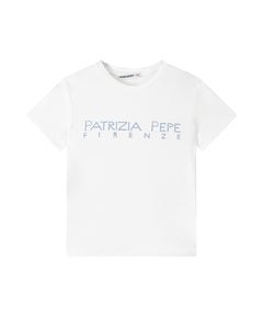 Patrizia Pepe Kids T-Shirt Bianca con Strass Azzurro per Bambine