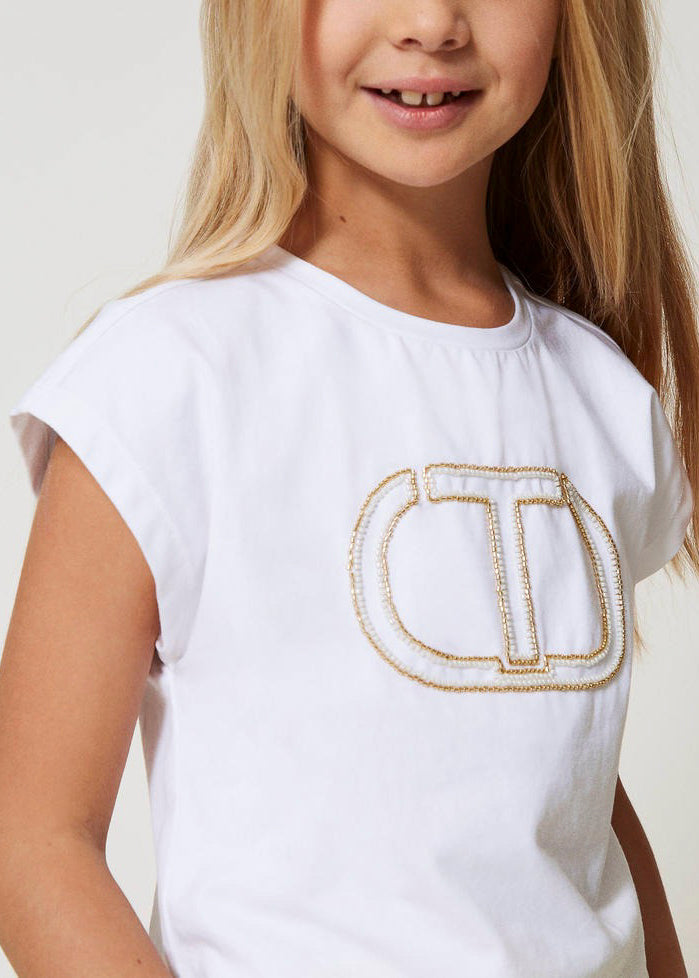 Twinset Kids T-Shirt Bianca con Ricamo Logo per Bambine