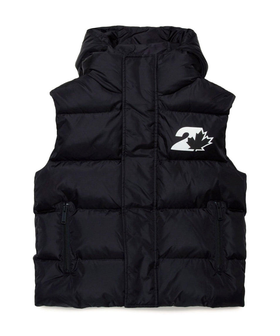 Dsquared2 Kids Giubbino Smanicato Nero con Logo Leaf per Bambini