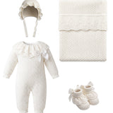 Marlù Set Coperta+Tutina+Scarpine+Cuffia Panna per Neonate