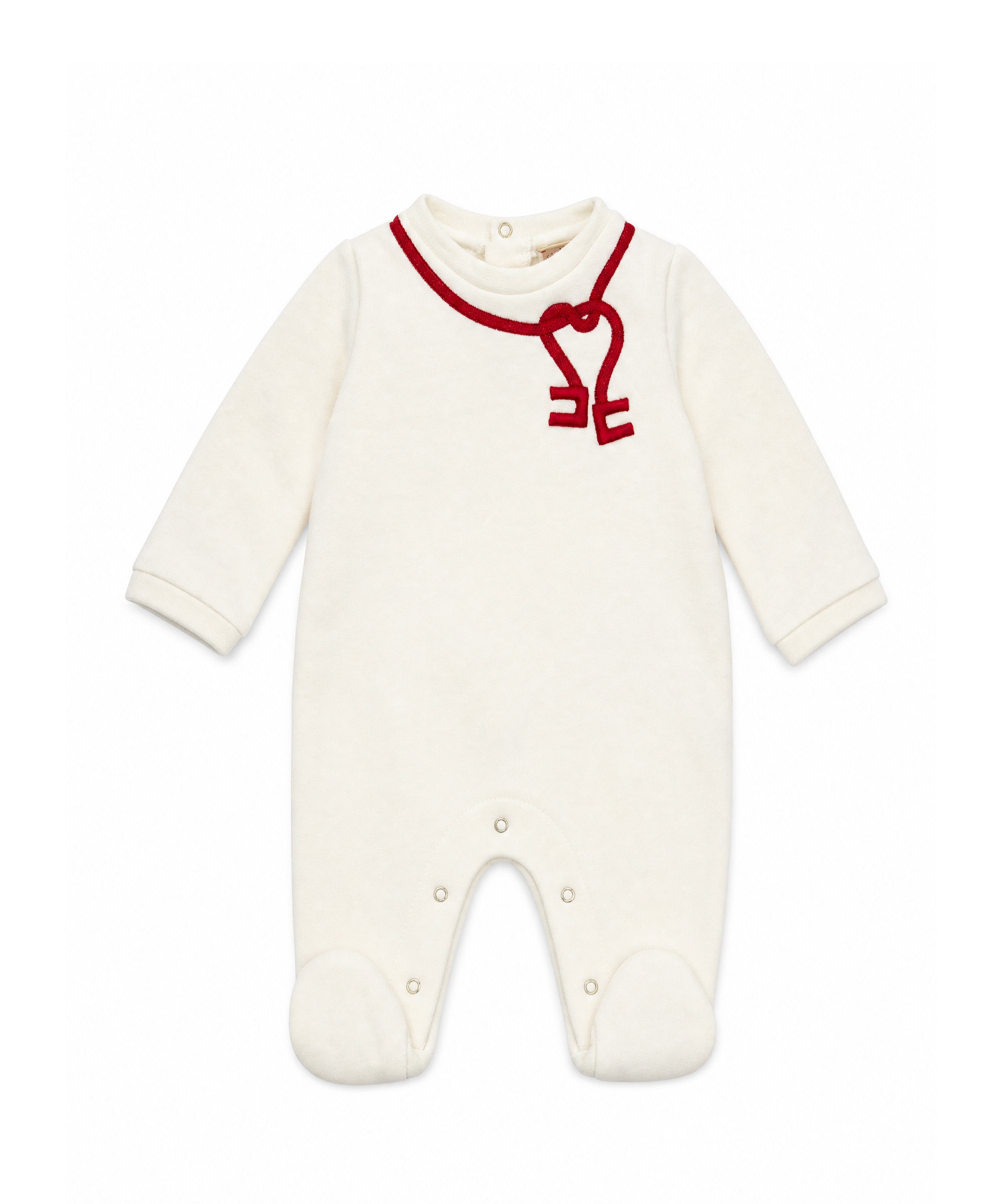 Elisabetta Franchi Kids Tutina Avorio in Ciniglia con Ricamo Collana con Logo Cuore Rosso, Bottoni e Piedini per Neonate