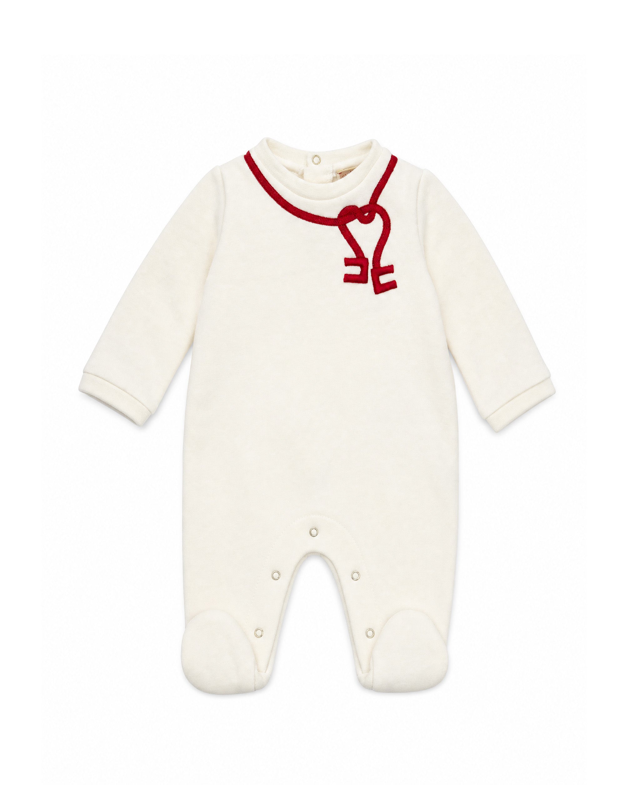 Elisabetta Franchi Kids Tutina Avorio in Ciniglia con Ricamo Collana con Logo Cuore Rosso, Bottoni e Piedini per Neonate