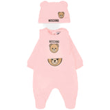 Moschino Kids Tutina con Bavetta e Cappellino Rosa con Logo per Neonate