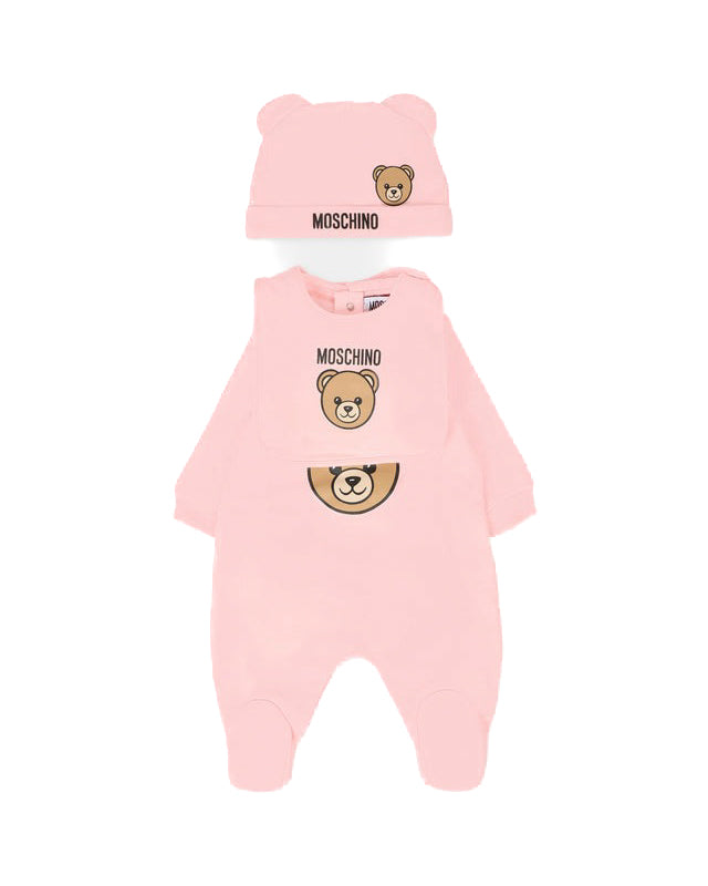Moschino Kids Tutina con Bavetta e Cappellino Rosa con Logo per Neonate