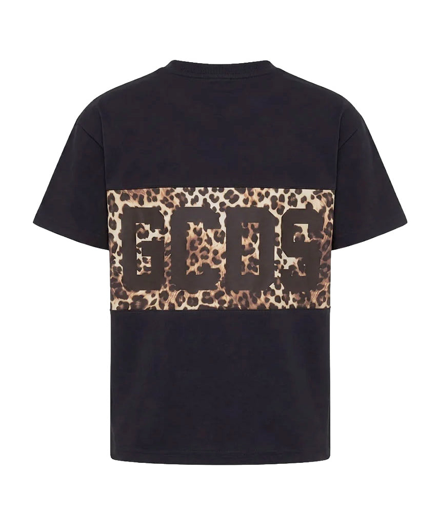 Gcds Kids T-Shirt Nero con Banda Animalier Logata per Bambine