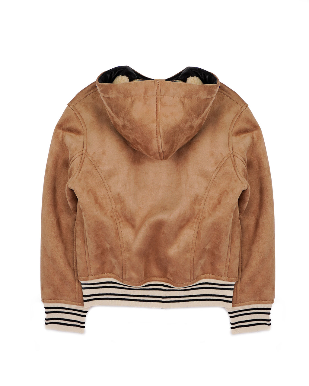 Yes London Kids Ecomontone Scamosciato Beige con Cappuccio e Zip per Bambini