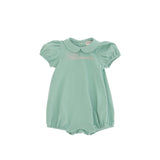 Blumarine Kids Pagliaccetto Verde con Maniche a Sbuffo e  Ricamo Logo a Contrasto per Bambine