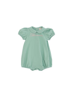 Blumarine Kids Pagliaccetto Verde con Maniche a Sbuffo e  Ricamo Logo a Contrasto per Bambine