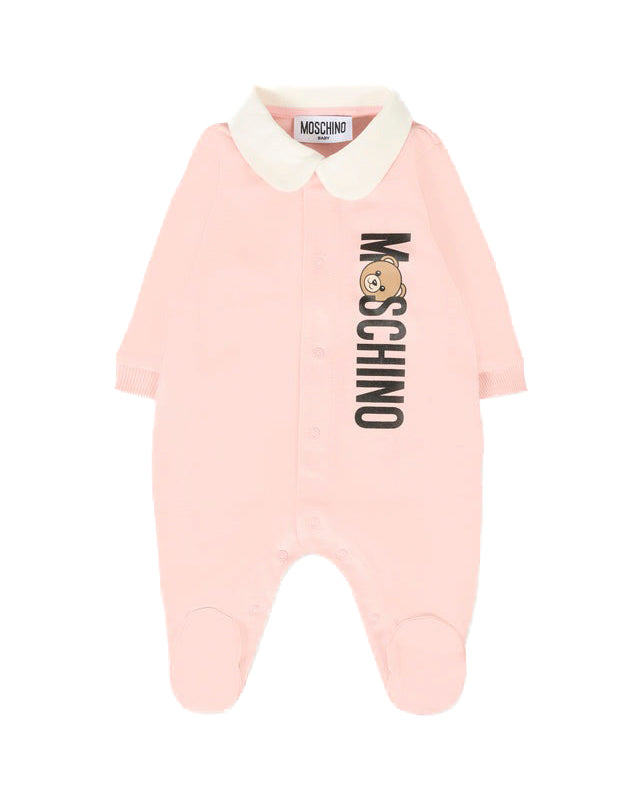 Moschino Kids Tutina Rosa con Logo Vertical per Neonate