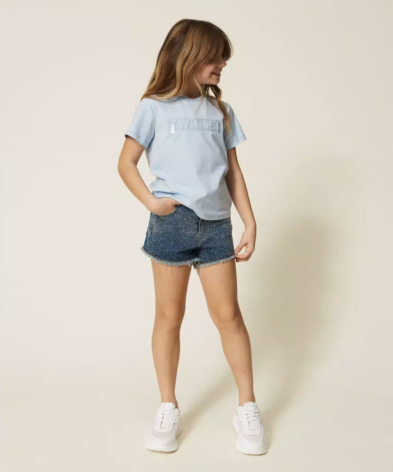 Twinset Kids Short in Denim con Strass per Bambine
