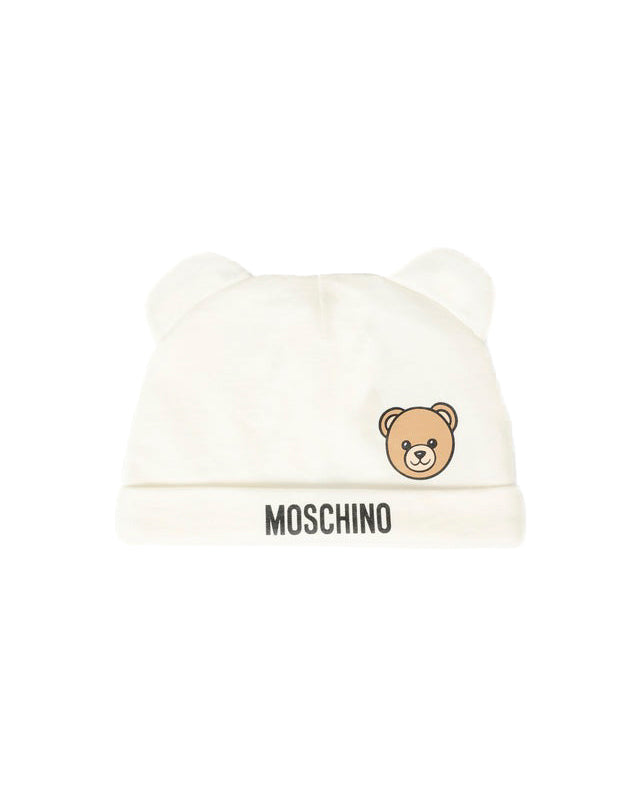 Moschino Kids Tutina con Bavetta e Cappellino Panna con Logo per Neonati