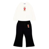Moschino Kids Completo Tuta Maglia Panna e Pantaloni Neri con Stampa Teddy Bear e Cuore per Neonate